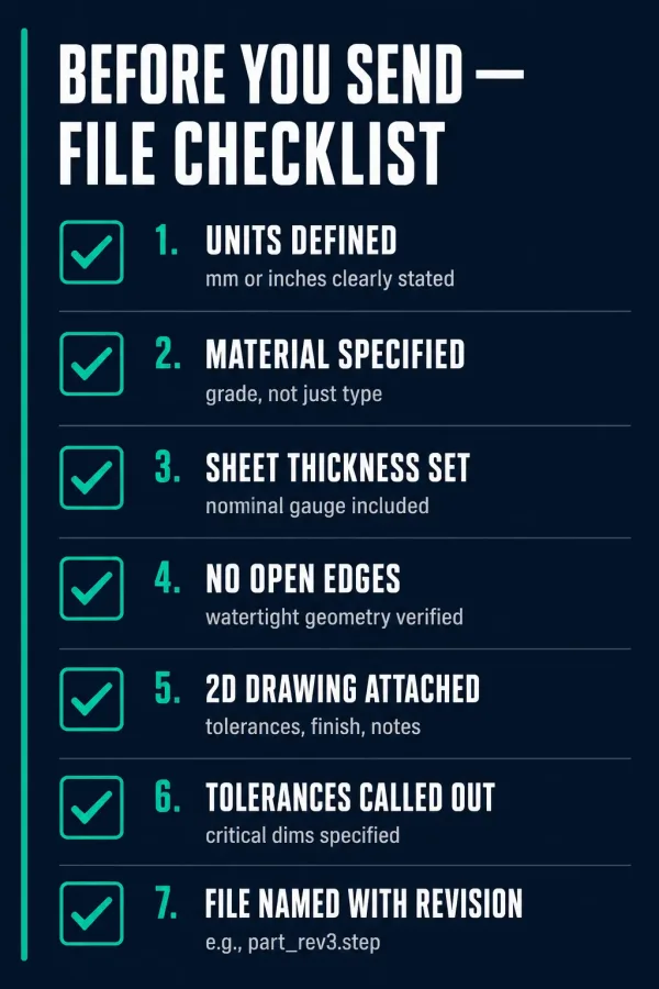 Pre-submission checklist infographic for CAD file preparation before sending to a manufacturer