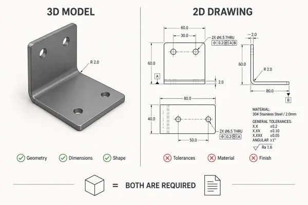 Side by side comparison of a 3D CAD model and a 2D engineering drawing showing different types of manufacturing information
