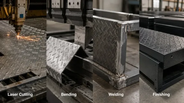 Checker plate fabrication steps including laser cutting, bending, welding, and finishing