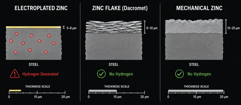 Cross-section comparison diagram of electroplated zinc versus zinc flake coating showing differences in structure, thickness, and hydrogen introduction
