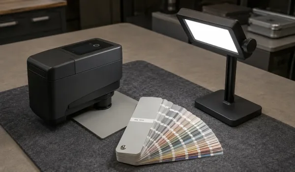 Spectrophotometer measuring a painted steel panel next to a RAL color fan deck under D65 daylight lamp for color quality control