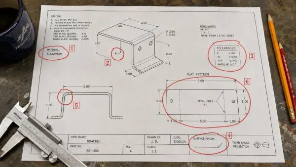 A sheet metal drawing with six red-circled problem areas showing common reasons for approval rejection