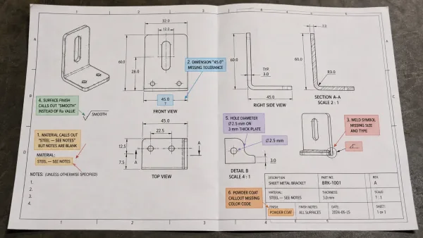 Sheet metal engineering drawing with highlighted ambiguous specifications including material grade, tolerances, and weld callouts