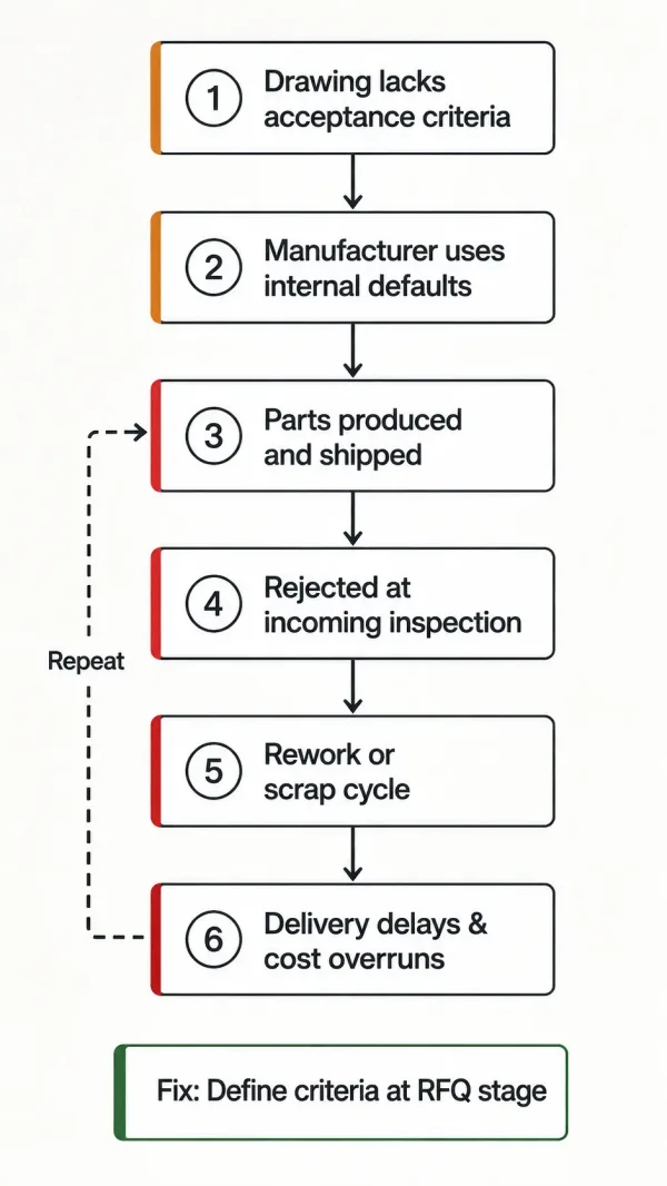 Flowchart showing the negative cycle when acceptance criteria are missing: unclear drawings, manufacturer defaults, shipment, rejection, rework, delays