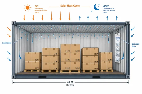 Cross-section diagram of a shipping container showing the container rain effect with condensation dripping from the ceiling due to temperature cycling