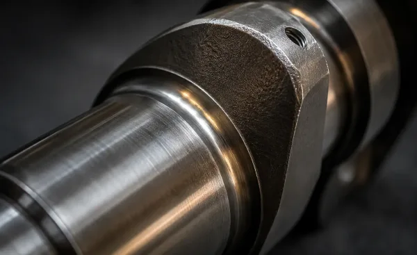 Close-up photograph of a precision-machined steel crankshaft showing the fillet radius at the journal transition