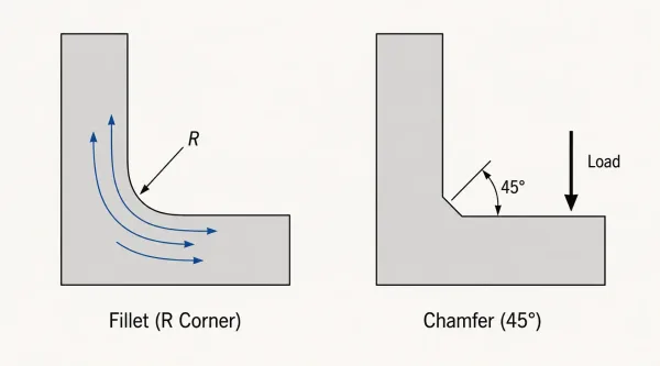 Cross-section engineering diagram comparing fillet rounded transition and chamfer angled cut at a joint corner