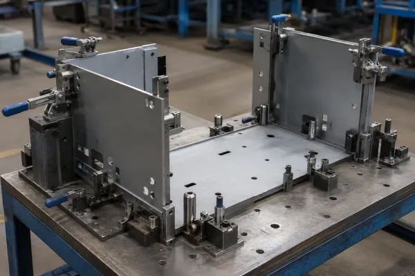 Dedicated welding fixture holding sheet metal cabinet panels in position with locating pins and clamps