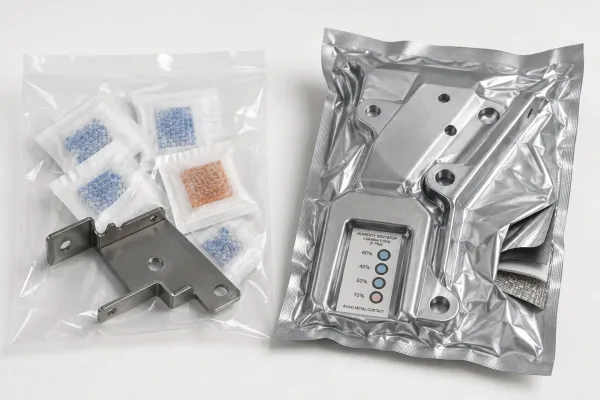 Comparison of desiccant packs in a sealed poly bag and vacuum-sealed aluminum barrier foil packaging for sheet metal parts
