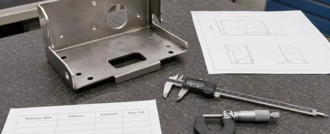 Dimensional inspection of a sheet metal part with measuring tools and inspection record