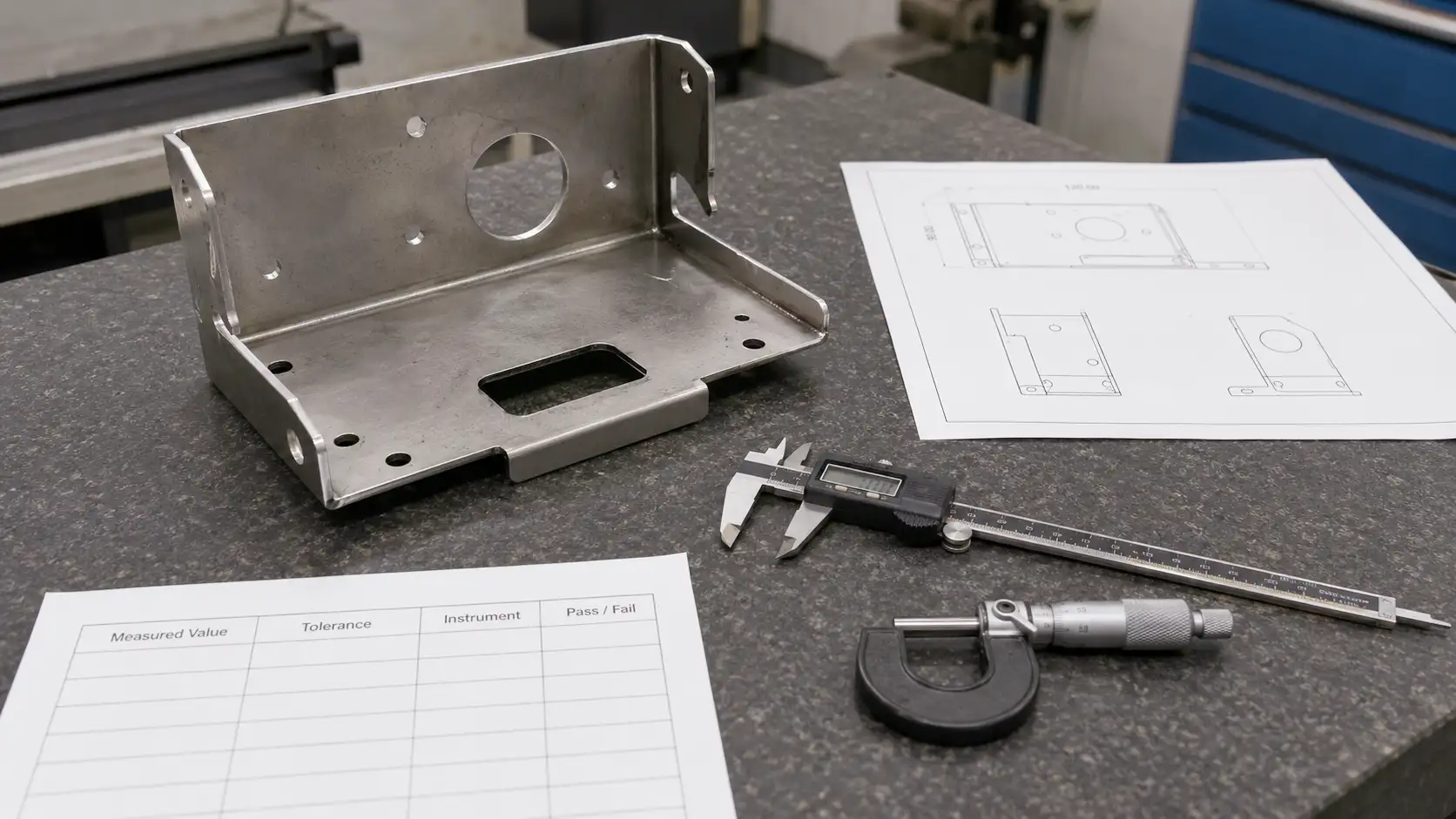 Dimensional inspection of a sheet metal part with measuring tools and inspection record