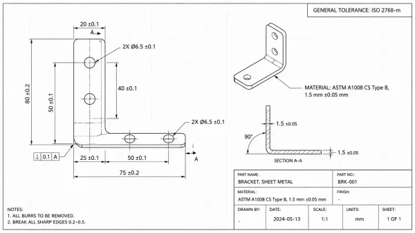 Engineering drawing of a sheet metal bracket showing explicit thickness tolerance callout with material specification