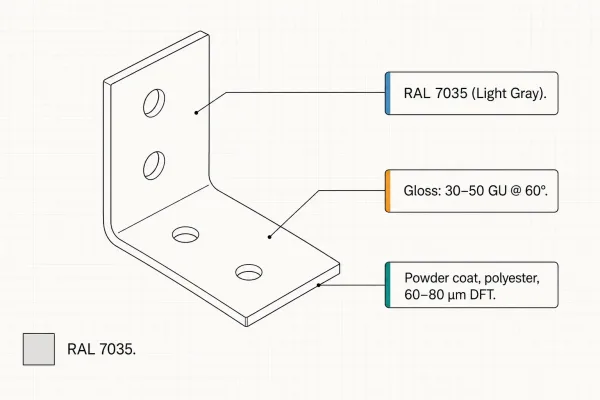 Engineering drawing callout example showing how to specify RAL color code, gloss level, and coating process for a sheet metal part