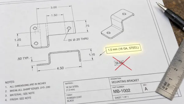 Engineering drawing showing correct sheet metal thickness callout with millimeter value and gauge number together