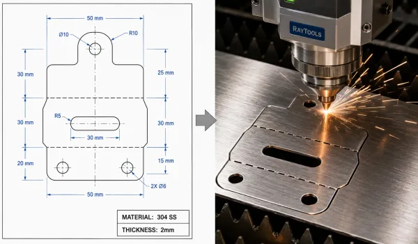 A 2D DXF profile of a sheet metal part shown alongside a laser cutting machine cutting sheet metal