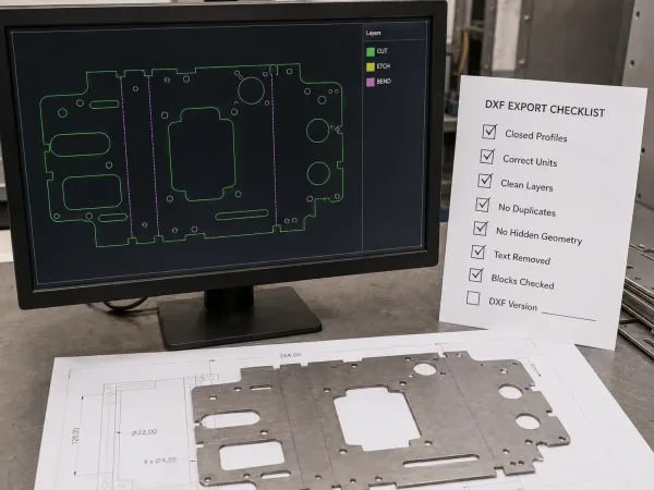 DXF pre-export checklist for laser cutting and sheet metal fabrication