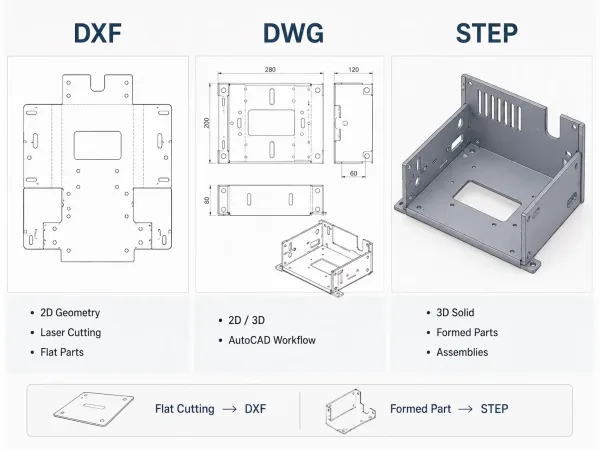 DXF vs DWG vs STEP file format comparison for sheet metal fabrication