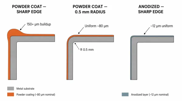 Cross-section diagram showing powder coating edge buildup versus anodizing on a sheet metal edge