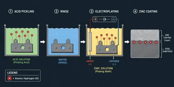 Process flow diagram showing the two stages where hydrogen enters steel during electroplating — acid pickling and the plating reaction