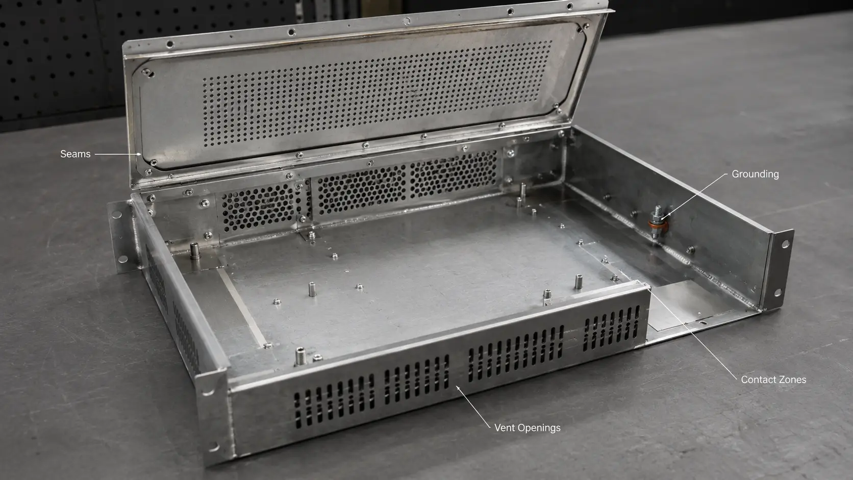 EMI shielding design features on a custom sheet metal enclosure
