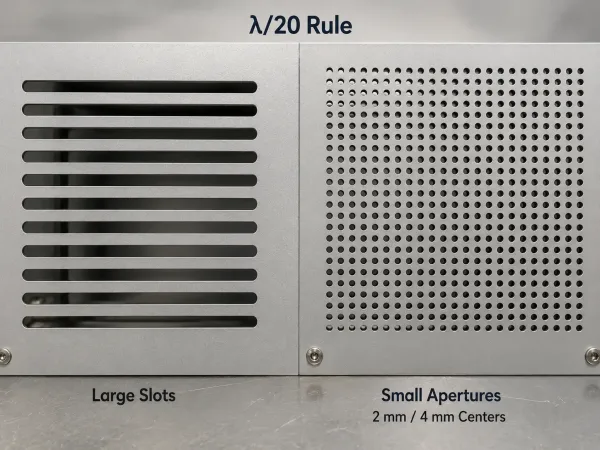 EMI shielding ventilation hole design using small perforations