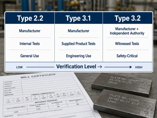 EN 10204 Type 2.2, 3.1, and 3.2 certificate comparison