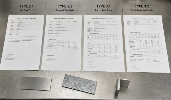 EN 10204 Type 2.1 2.2 3.1 and 3.2 material certificate comparison