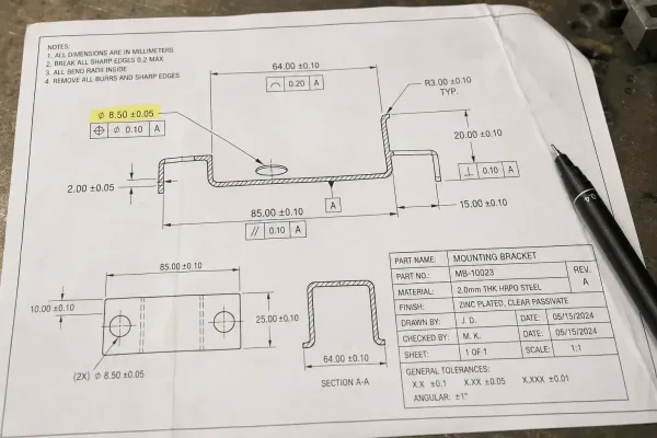 Close-up of an engineering drawing showing dimension callouts, geometric tolerances, and material specifications for a sheet metal part