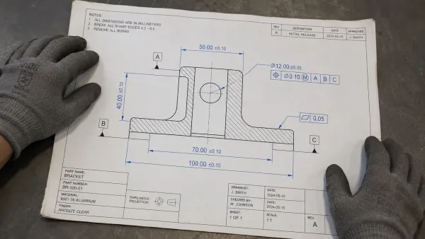 Close-up of an engineering drawing showing GD&T dimension and tolerance callouts for a machined bracket