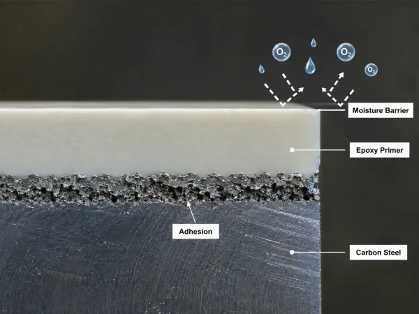 Cross section showing epoxy primer adhesion and barrier protection on carbon steel