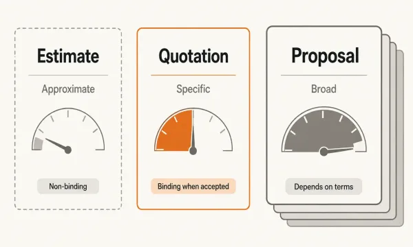 A visual comparison chart showing the differences between an estimate, a quotation, and a proposal in manufacturing — with precision level and binding status