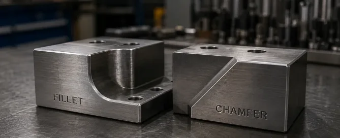Two CNC-machined steel blocks showing the difference between a fillet rounded edge and a chamfer angled edge