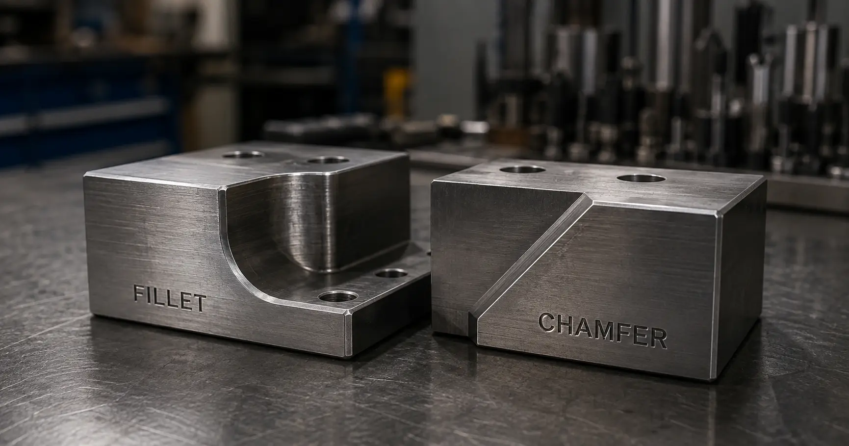 Two CNC-machined steel blocks showing the difference between a fillet rounded edge and a chamfer angled edge