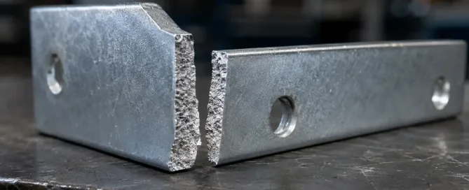 Close-up of a zinc-plated steel bracket showing a clean brittle fracture surface with intact coating, characteristic of hydrogen embrittlement failure