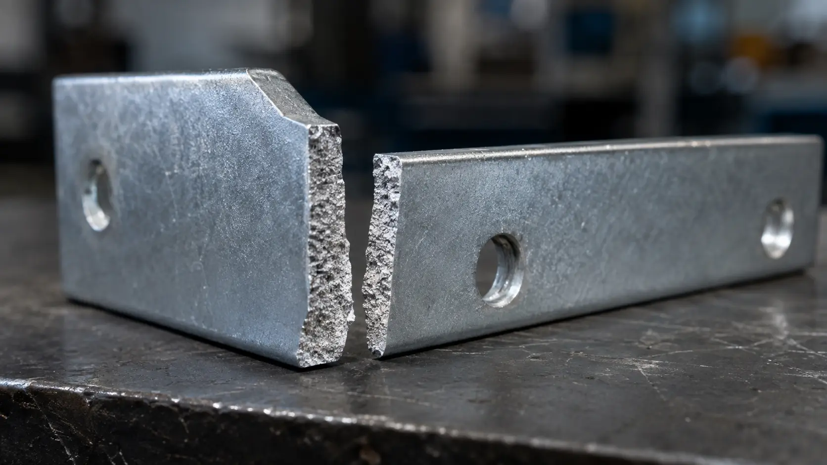 Close-up of a zinc-plated steel bracket showing a clean brittle fracture surface with intact coating, characteristic of hydrogen embrittlement failure