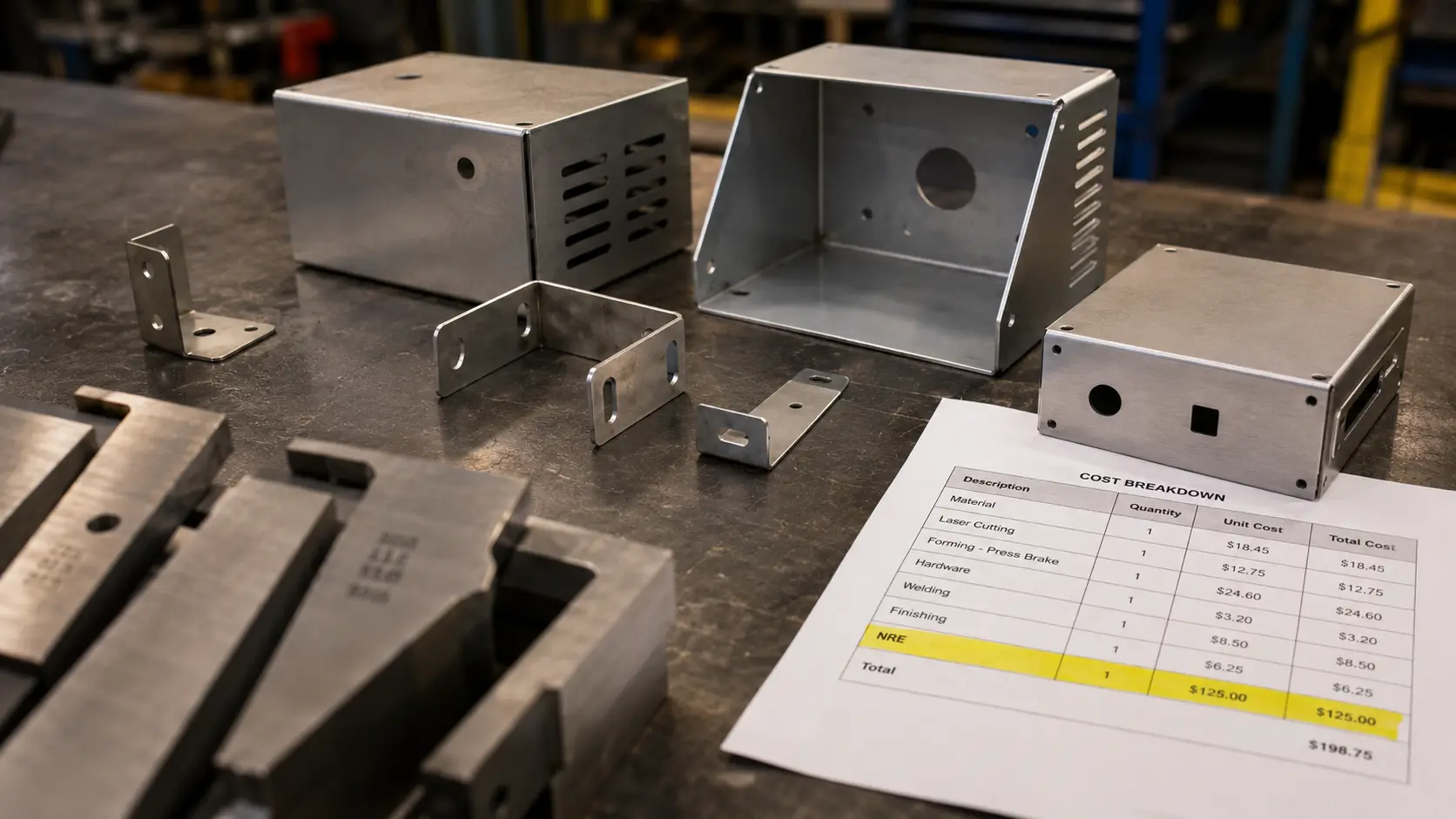 Low-volume sheet metal parts and tooling on a workbench with a highlighted NRE cost sheet