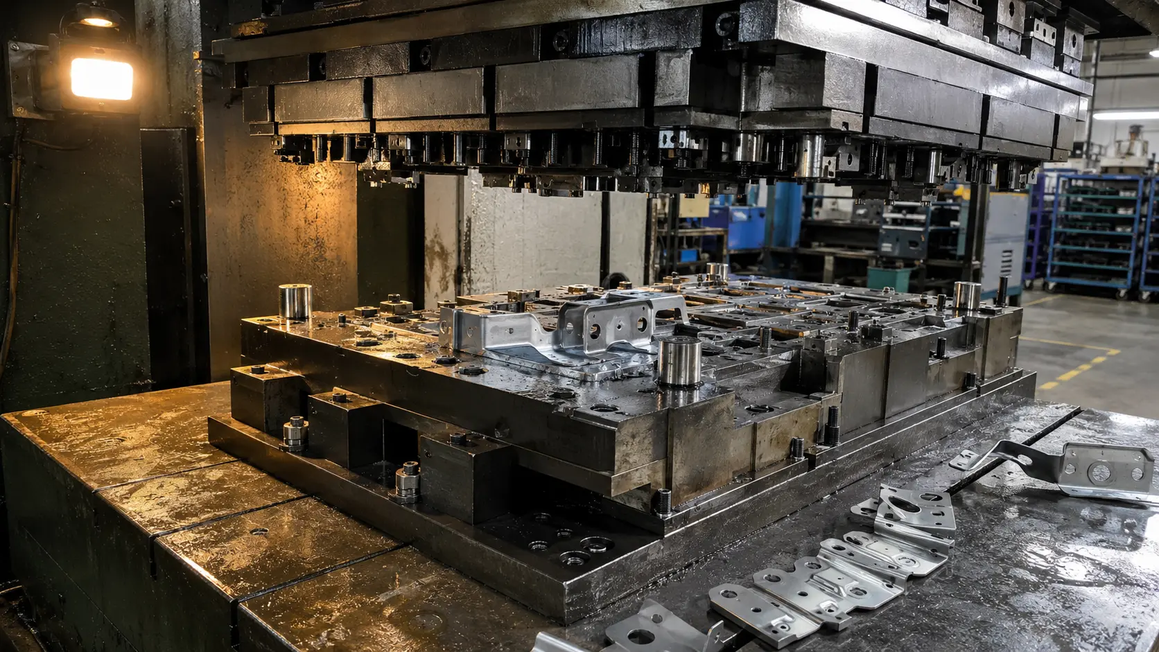 A progressive stamping die mounted on a hydraulic press bed during tryout phase with sample automotive bracket parts on the work surface