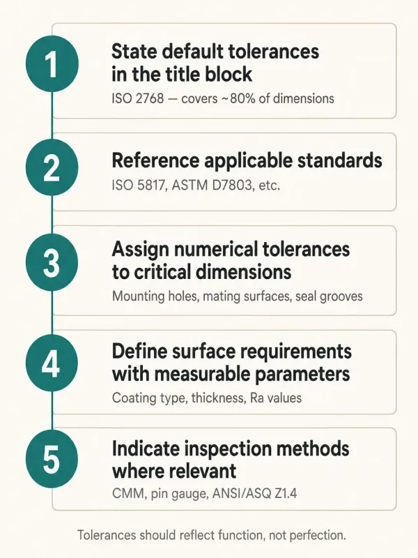 Step-by-step guide diagram showing five steps for specifying acceptance criteria on engineering drawings