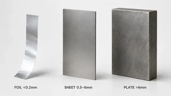 Side-by-side comparison of metal foil, sheet, and plate showing different thickness categories