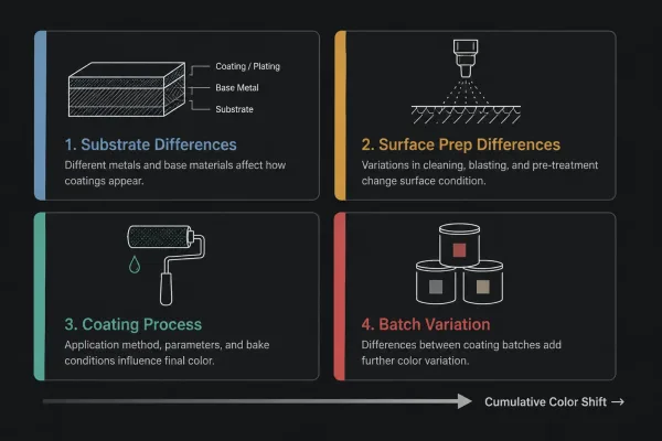 Infographic showing four sources of color deviation in sheet metal paint matching: substrate, surface prep, coating process, and batch variation