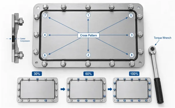 Cross-pattern bolt tightening sequence for gasket installation