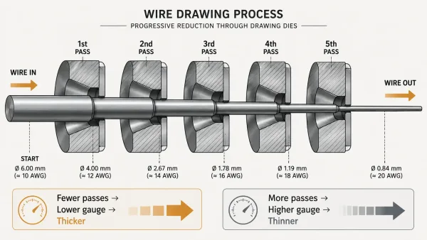 Technical illustration of wire drawing process showing how gauge numbers decrease as metal gets thicker