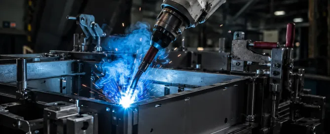 Robotic welding arm performing arc weld on sheet metal cabinet frame held in fixture
