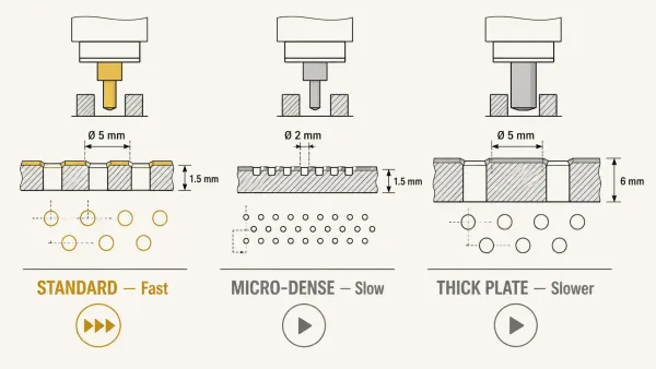 Technical diagram showing how hole diameter, pattern density, and sheet thickness affect perforation production speed