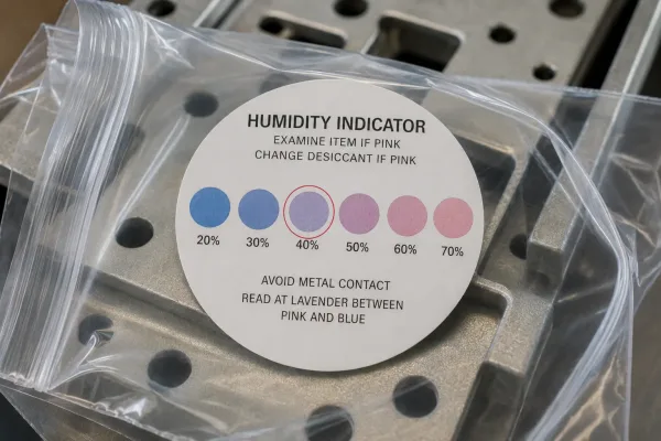Close-up of a humidity indicator card inside an opened sealed package showing color-change dots indicating moisture threshold exceeded at 40 percent relative humidity