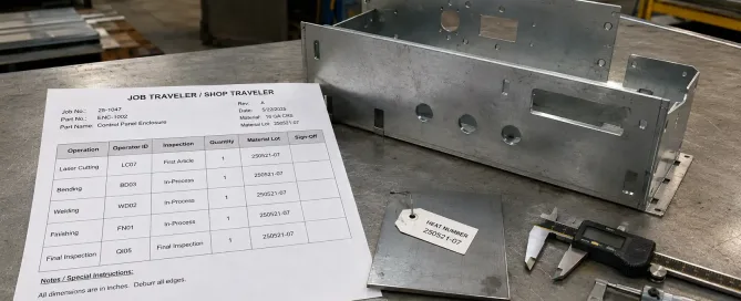 Job traveler documenting sheet metal production operations and traceability