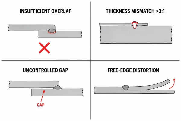 Illustrated summary of four common sheet metal lap joint design mistakes in welding