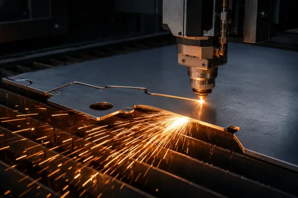 Close-up of a fiber laser cutting machine cutting a stainless steel sheet with bright orange cutting sparks