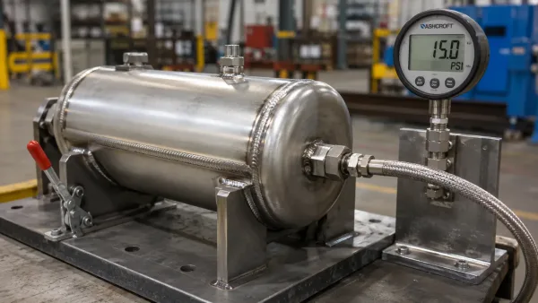 Welded stainless steel enclosure undergoing a 15 psi pressure leak test on a production floor with a digital gauge