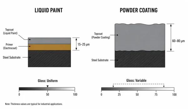 Cross-section comparison diagram showing liquid paint and powder coating film thickness and gloss uniformity differences on sheet metal